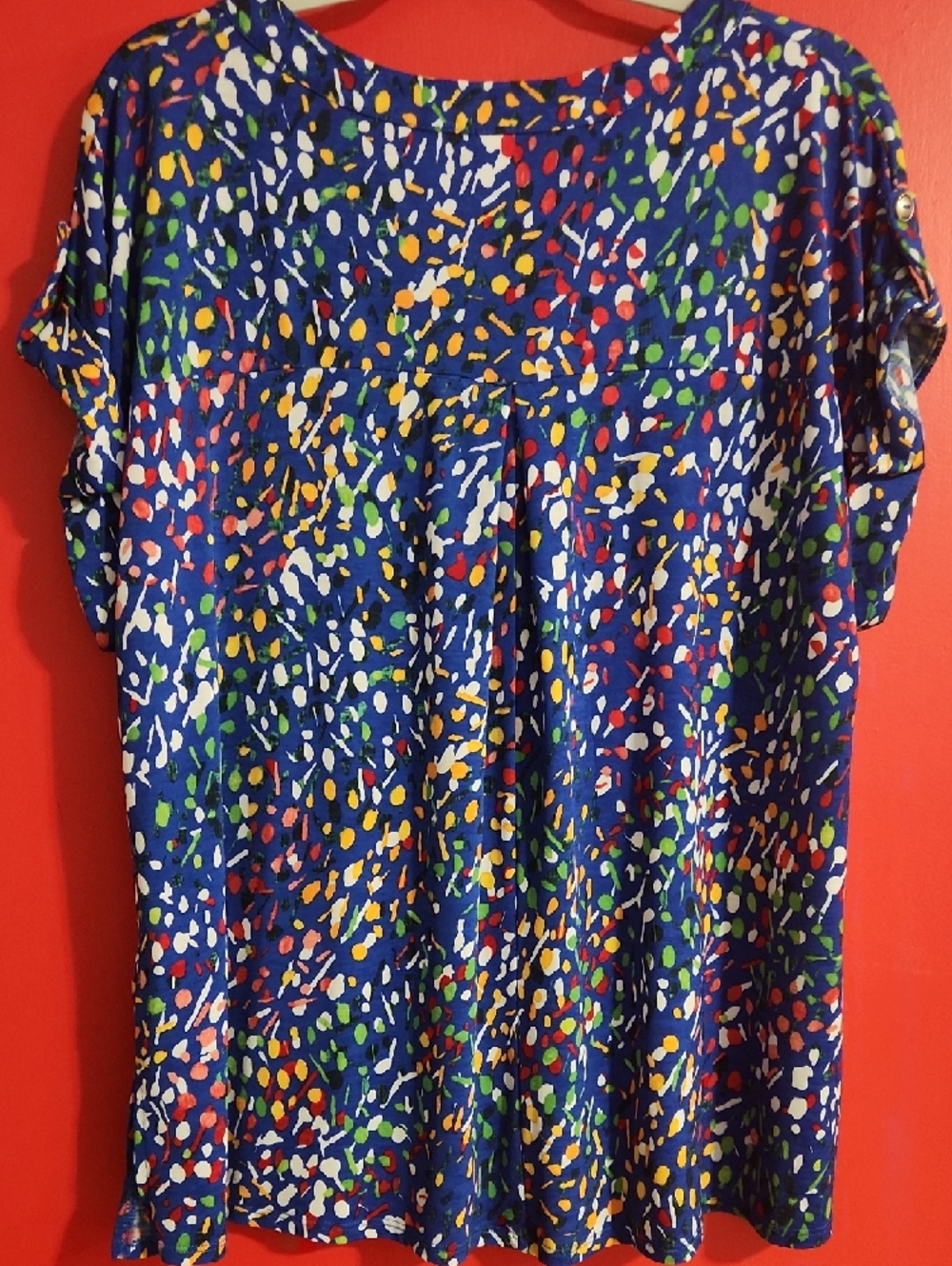 XL Dear Scarlett Blue Multicolor Short Sleeve V-Neck Top - Picture 2 of 6
